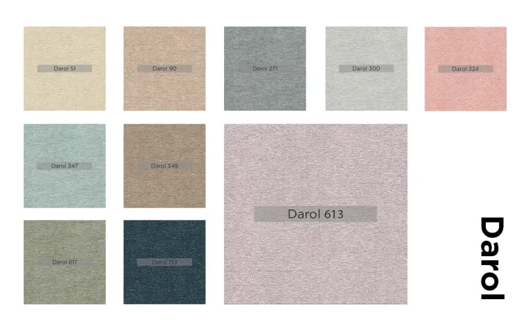 Échantillons de tissu Darol dans différentes couleurs neutres et pastel avec leurs références numérotées.