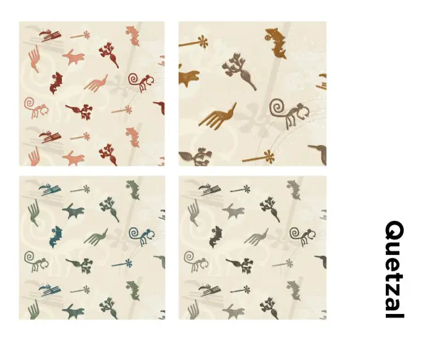 Colour palette of the Polynesia collection featuring Quetzal fabric by Fama Sofás, an exclusive print inspired by nature and art, available in different colour combinations.