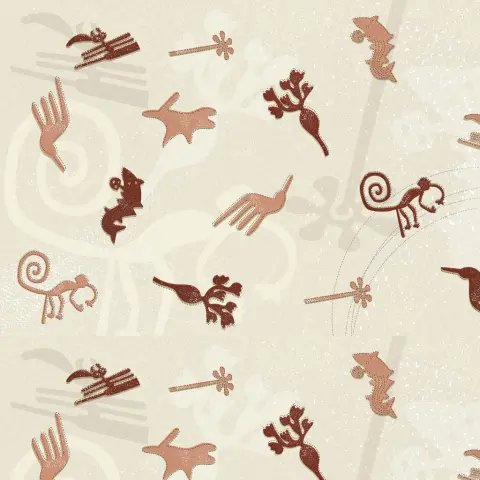 Quetzal fabric design from the Polynesia collection by Fama Sofás, featuring an artistic nature-inspired print in reddish and pink tones on a light background.