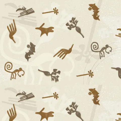 Quetzal fabric design from the Polynesia collection by Fama Sofás, featuring an artistic nature-inspired print in earthy and brown tones on a light background.