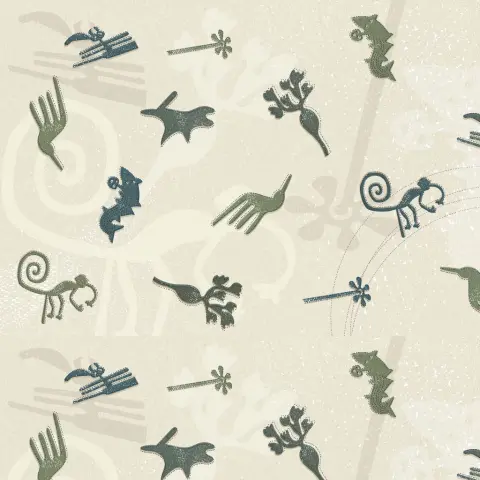 Quetzal fabric design from the Polynesia collection by Fama Sofás, featuring an artistic nature-inspired print in green and blue tones on a light background.