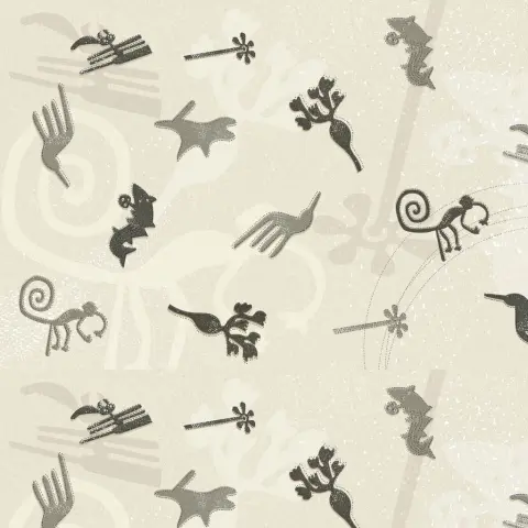 Quetzal fabric design from the Polynesia collection by Fama Sofás, featuring an artistic nature-inspired print in grey and black tones on a light background.